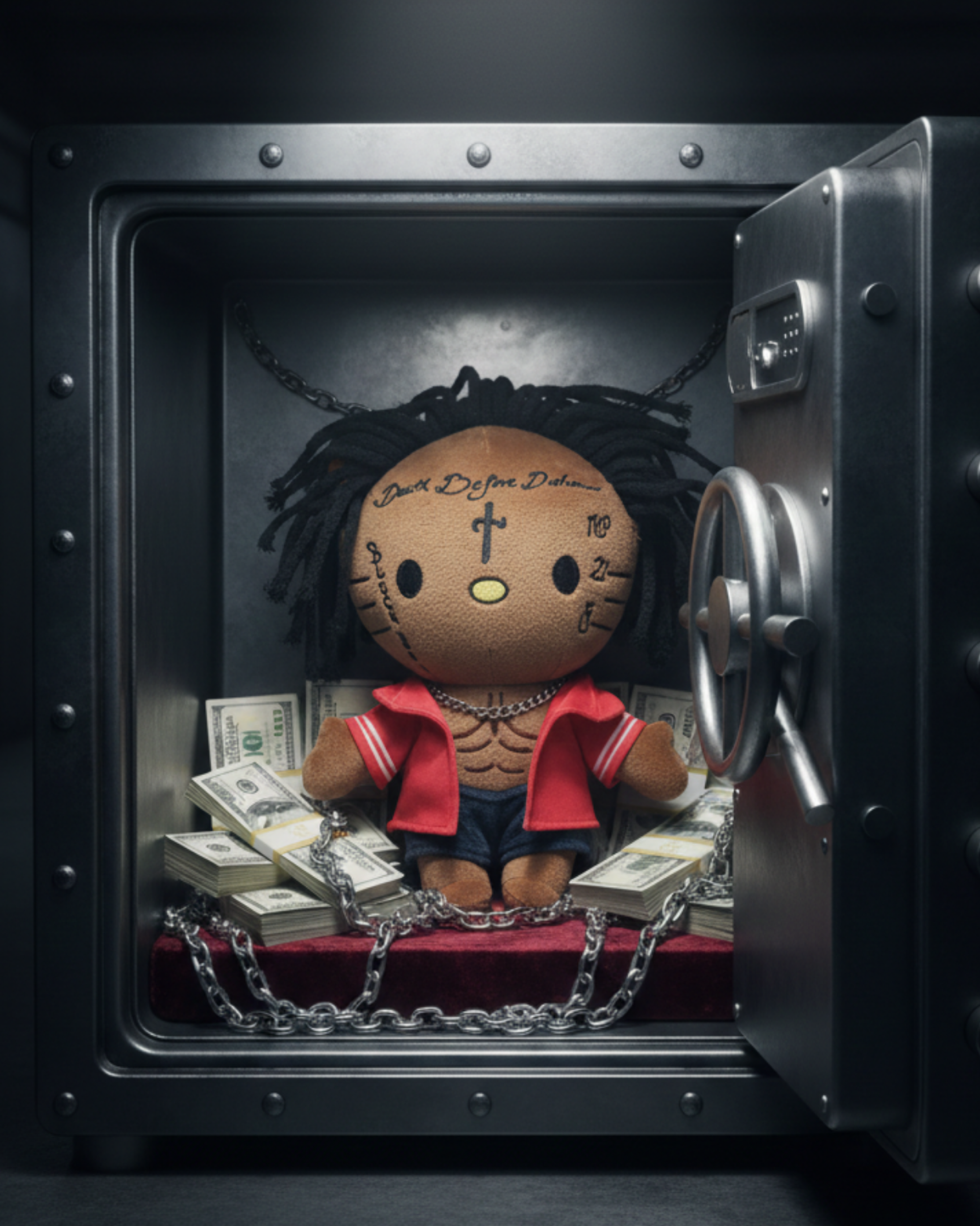 21 Savage Hello Kitty plush in a red shirt inside an open metal safe with chains and banknotes.