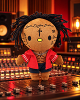 21 Savage Hello Kitty plush on a recording console in a studio with warm amber and red lighting.