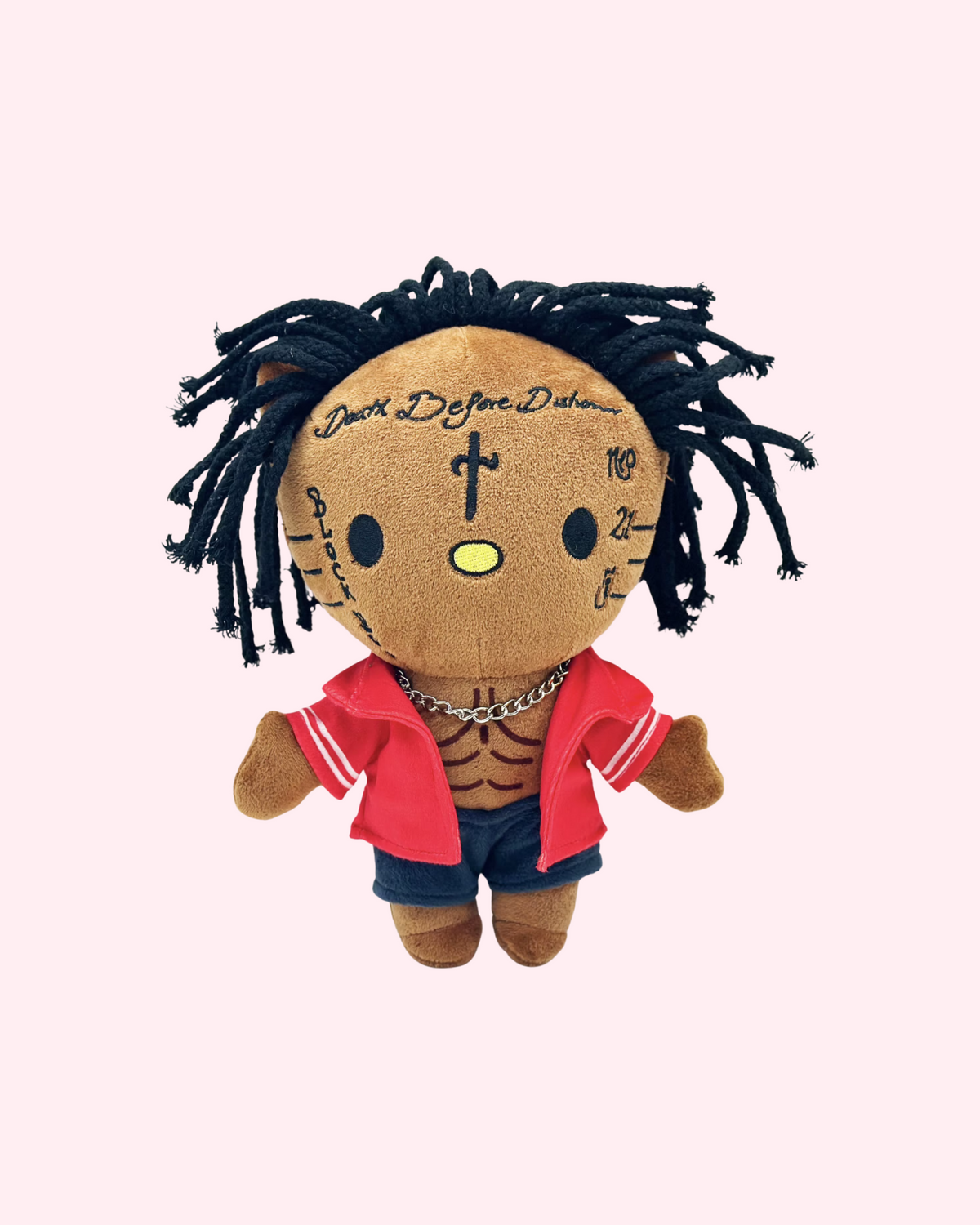 Front view of 21 Savage Hello Kitty plush with black yarn hair, a red shirt and dark shorts on a pale pink background.