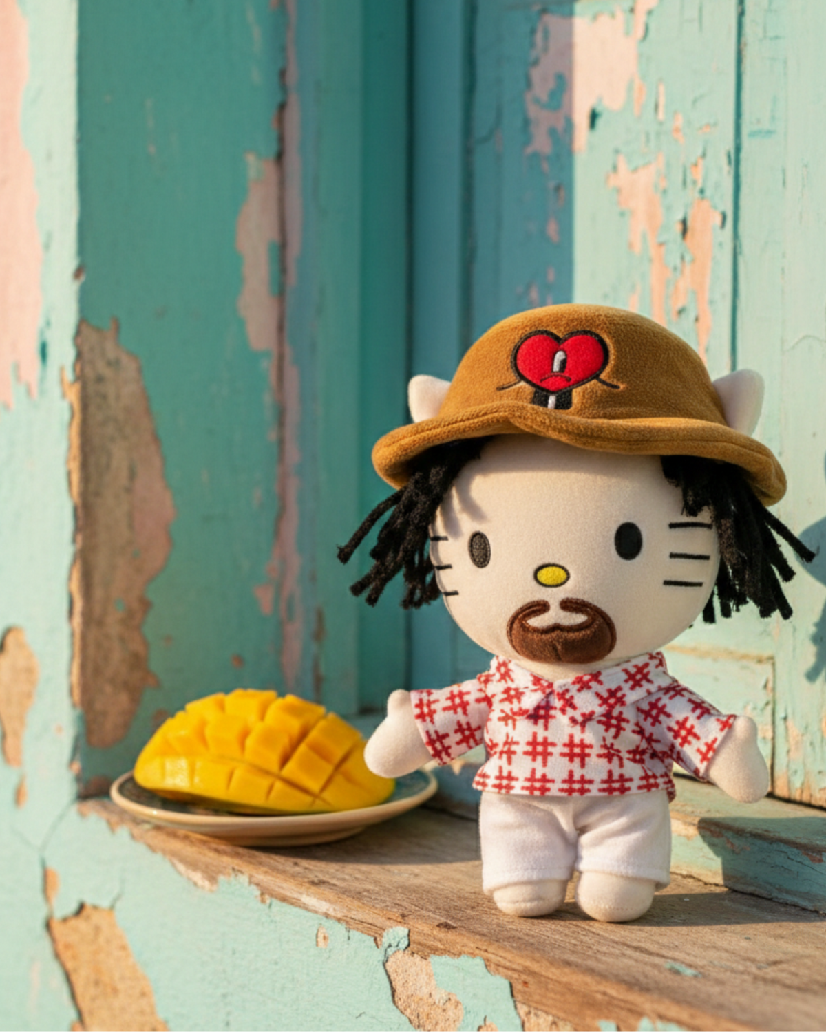 Bad Bunny Hello Kitty plush standing by a colorful wall beside a yellow hard hat.
