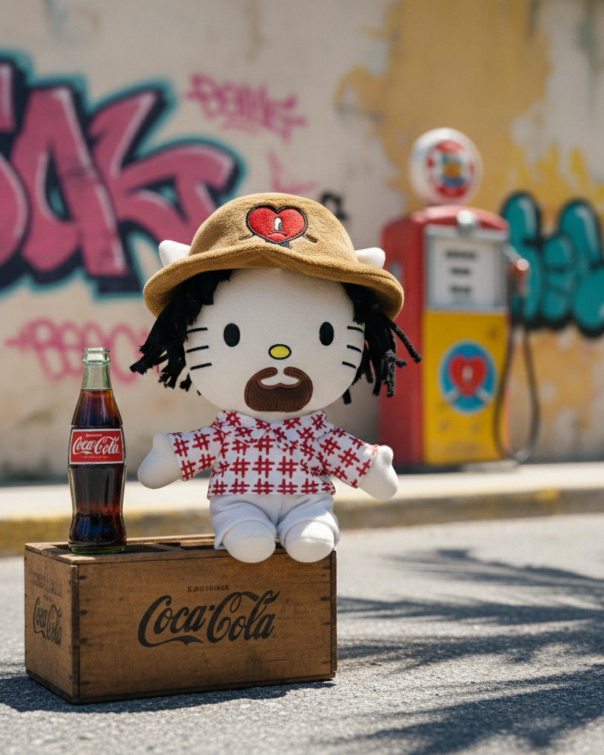 Bad Bunny Hello Kitty plush sitting on a wooden drinks crate in a sunlit street.