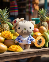 Bad Bunny Hello Kitty plush in a cream hat at a colourful tropical fruit stall.