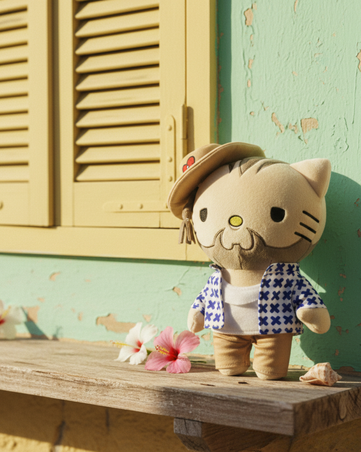 Bad Bunny Hello Kitty plush beside a mint wall and yellow shutters in warm sunlight.