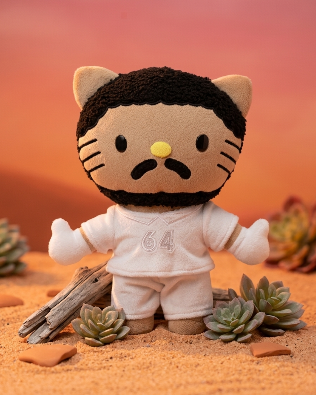 Bad Bunny Hello Kitty plush in a white jersey among succulents on warm orange sand.