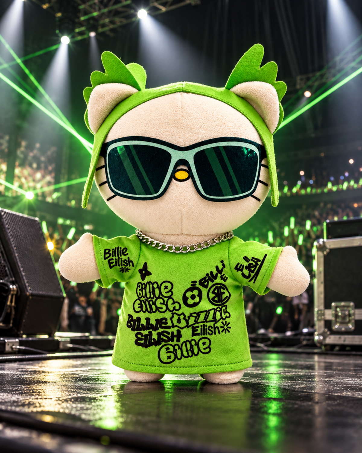 Billie Eilish x Hello Kitty Plush - a dark industrial concert stage - styled product scene