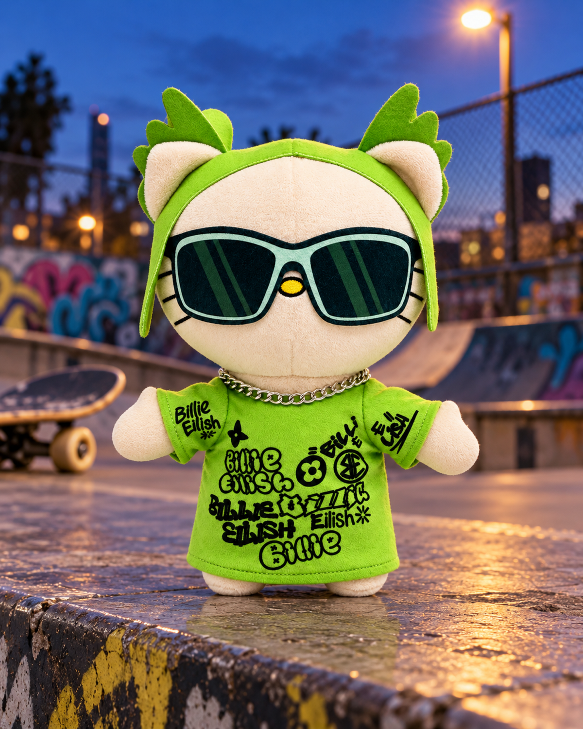 Billie Eilish x Hello Kitty Plush - a concrete skatepark ledge at blue hour - styled product scene