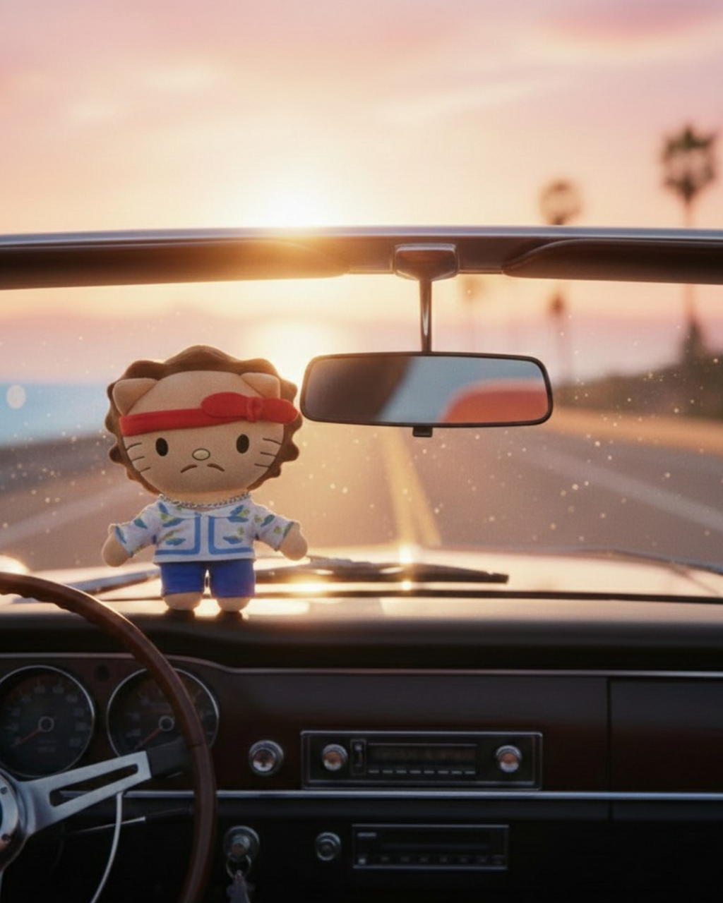 Bruno Mars Hello Kitty plush on the dashboard of a convertible at sunset.