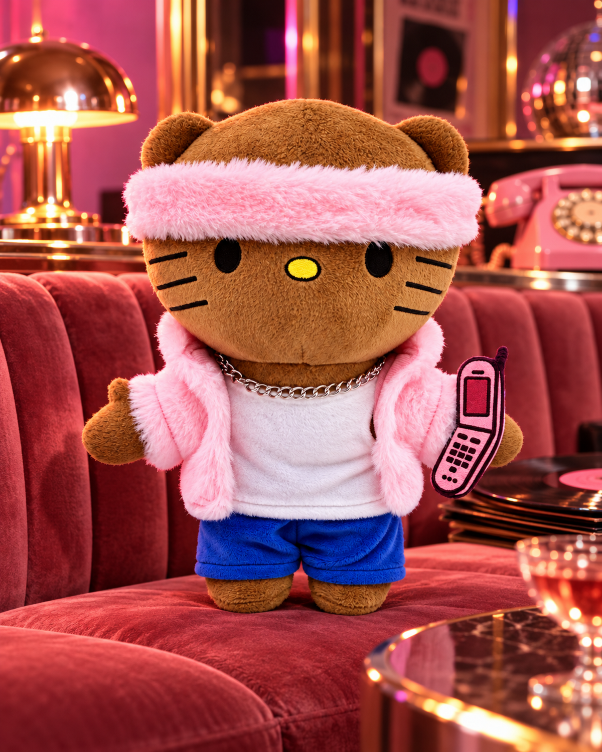 Cam'ron x Hello Kitty Plush - a rose velvet banquette in a retro music lounge - styled product scene