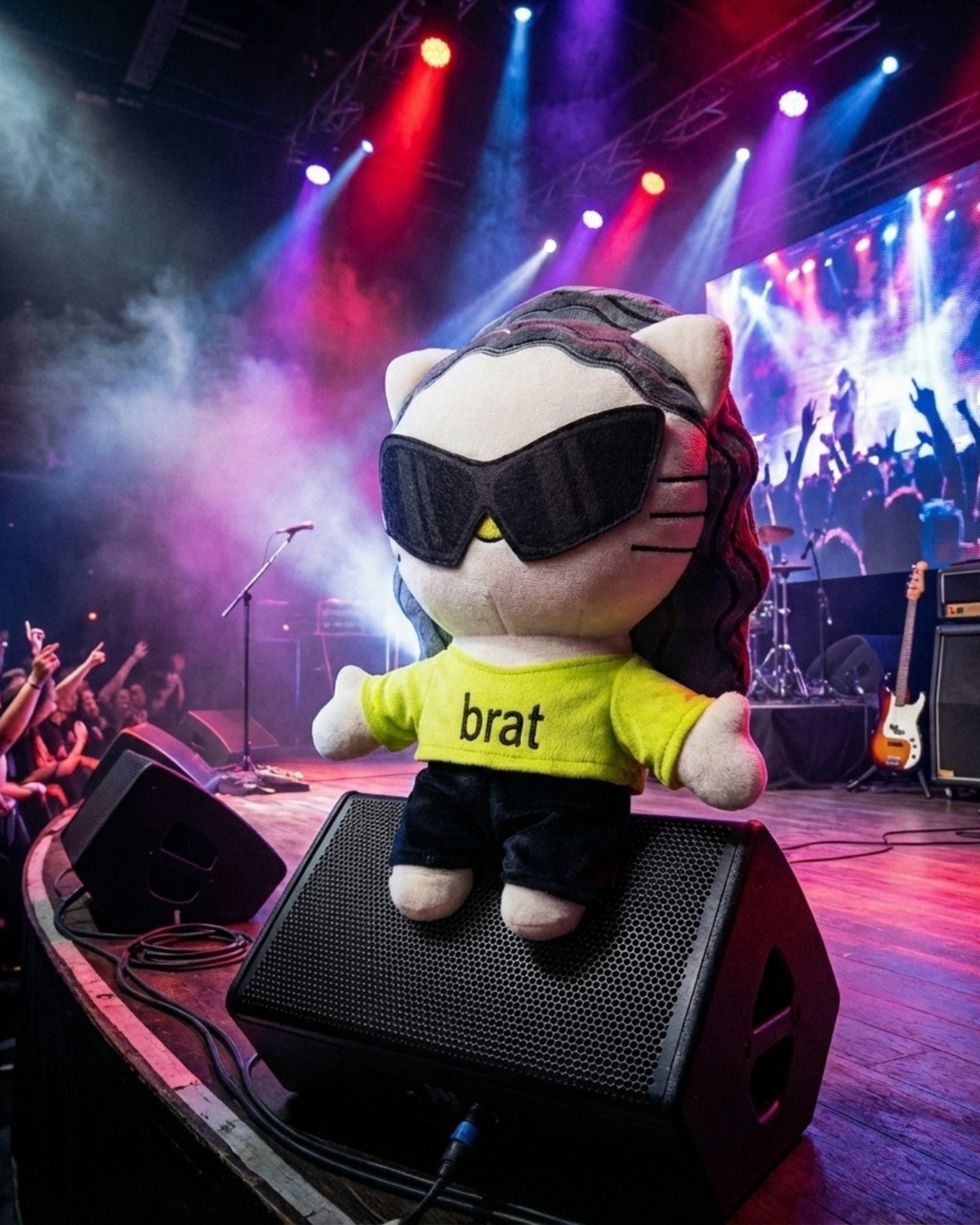 Charli xcx Hello Kitty plush on a concert stage under colorful lights.