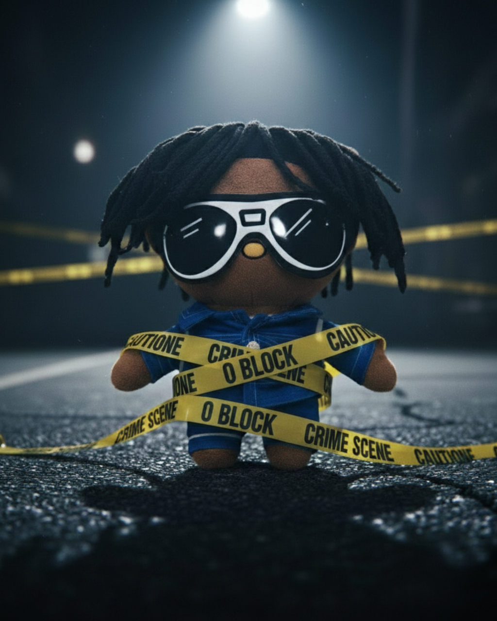 Chief Keef Hello Kitty plush in sunglasses and a blue outfit surrounded by yellow caution tape on a dark street.