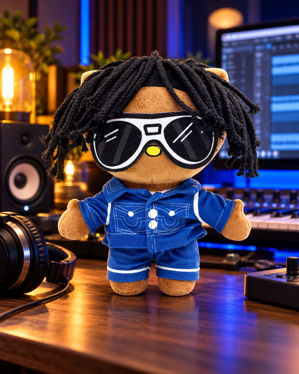 Chief Keef Hello Kitty plush beside headphones on a recording studio desk with blue accent lighting.