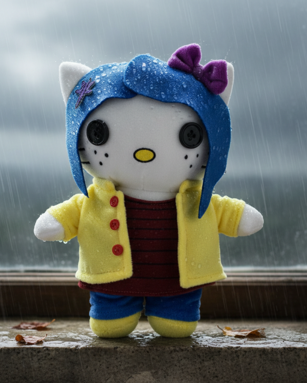 Coraline Hello Kitty plush beside a rain-streaked window.