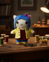Coraline Hello Kitty plush on a sewing table beside colorful thread spools.