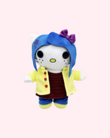 Front view of Coraline Hello Kitty plush with blue hair, a purple bow and a yellow raincoat, on a pale pink background.
