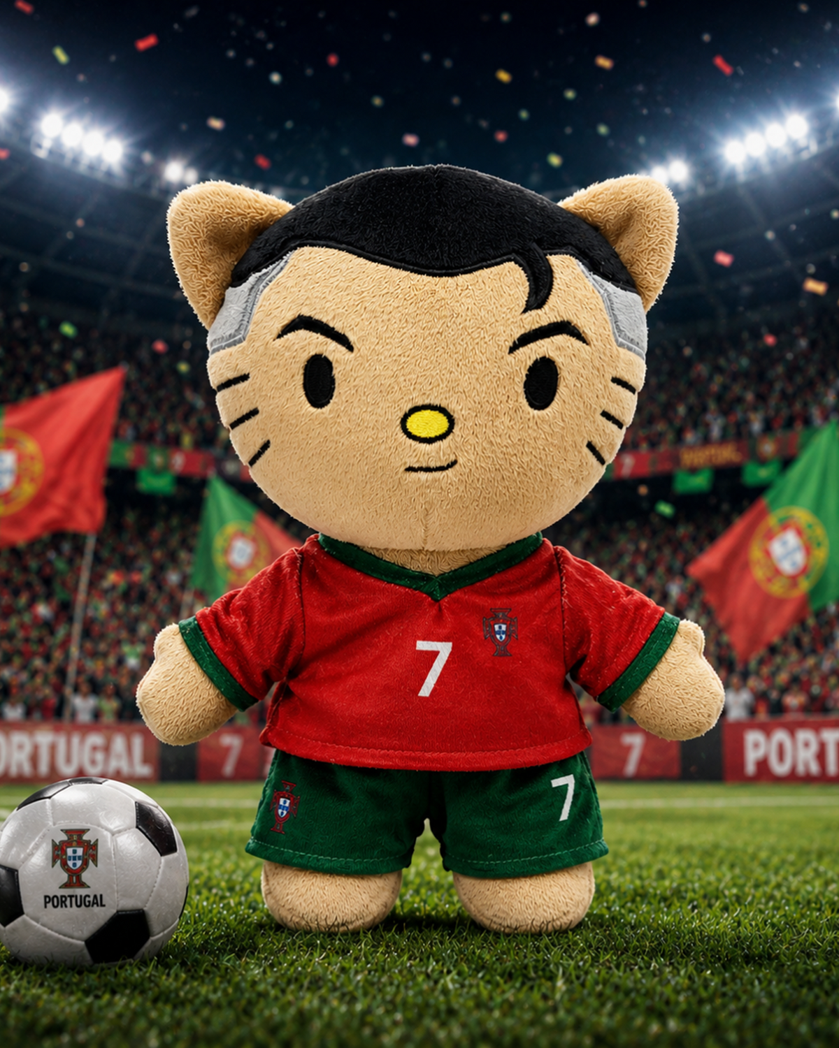 Cristiano Ronaldo Hello Kitty plush in a Portugal number 7 kit beside a football in a floodlit stadium.