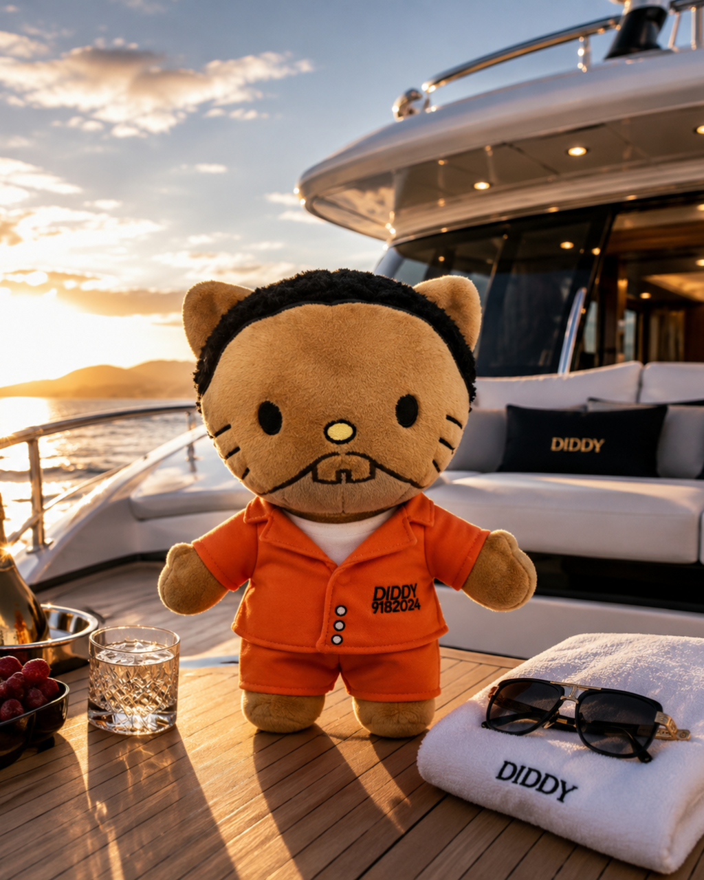 Diddy Hello Kitty plush in an orange outfit on a yacht deck at sunset.