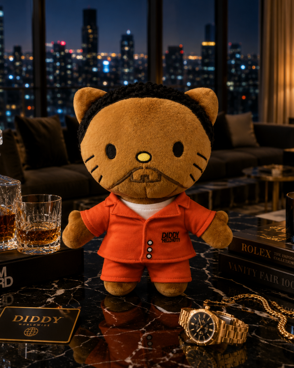Diddy Hello Kitty plush in an orange outfit on a marble table in a warmly lit lounge overlooking a city.