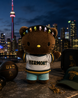 Drake Hello Kitty plush in a Vermont jersey with basketball accessories and the Toronto skyline at night.