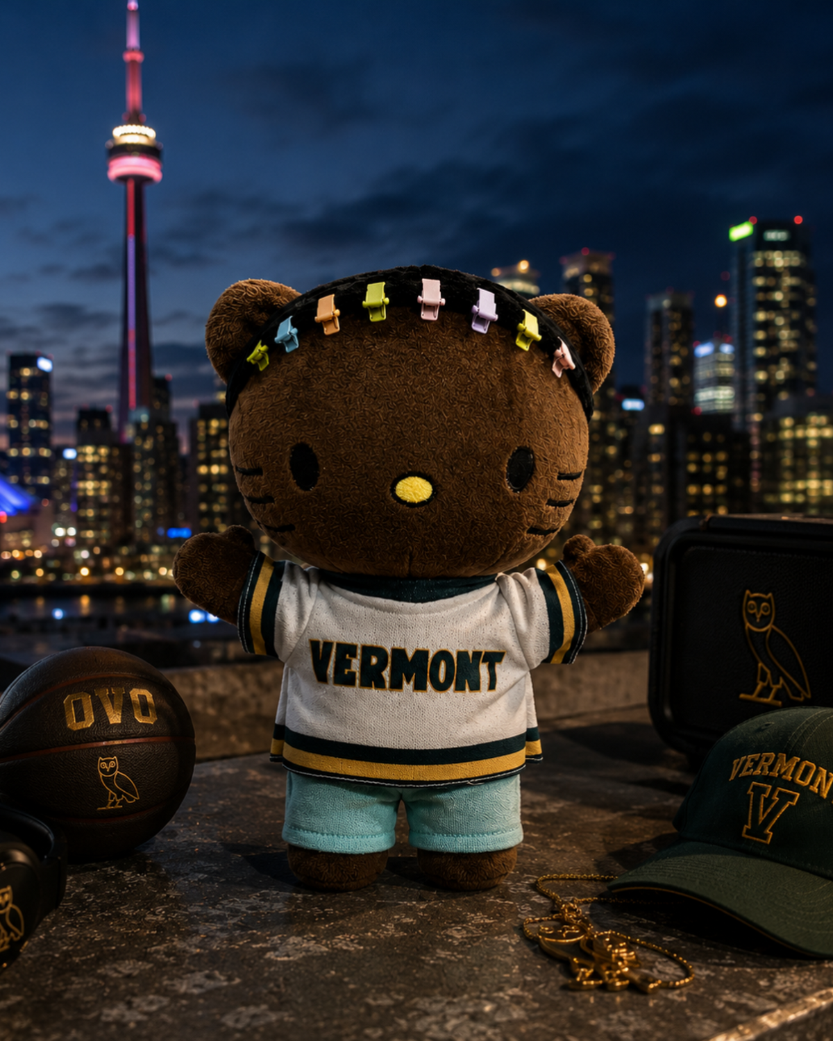 Drake Hello Kitty plush in a Vermont jersey with basketball accessories and the Toronto skyline at night.