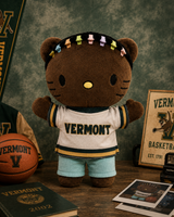 Drake Hello Kitty plush in a Vermont jersey beside basketball memorabilia, books and photographs.
