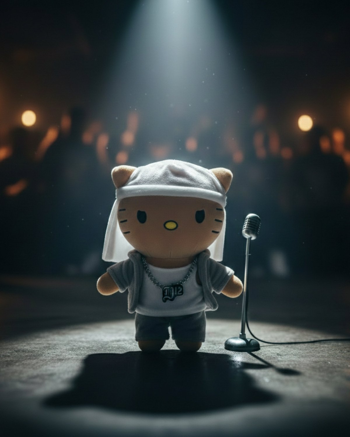Eminem Hello Kitty plush beside a microphone on a spotlighted stage.