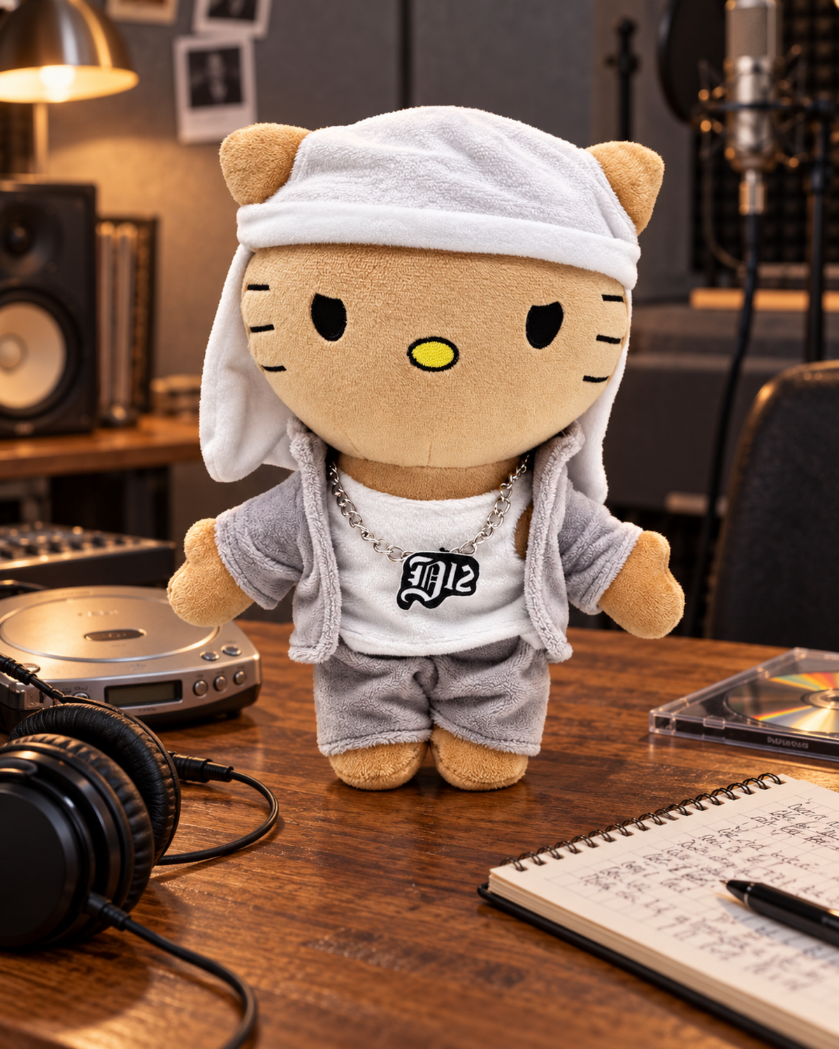 Eminem Hello Kitty plush on a desk beside a portable CD player and headphones.