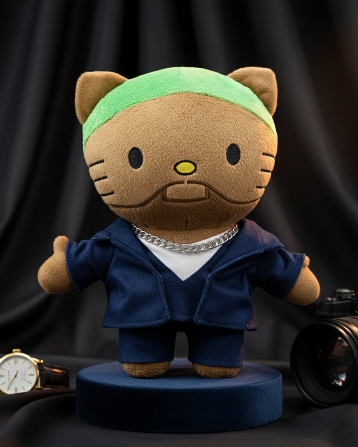 Frank Ocean Hello Kitty plush beside a camera against dark curtains.
