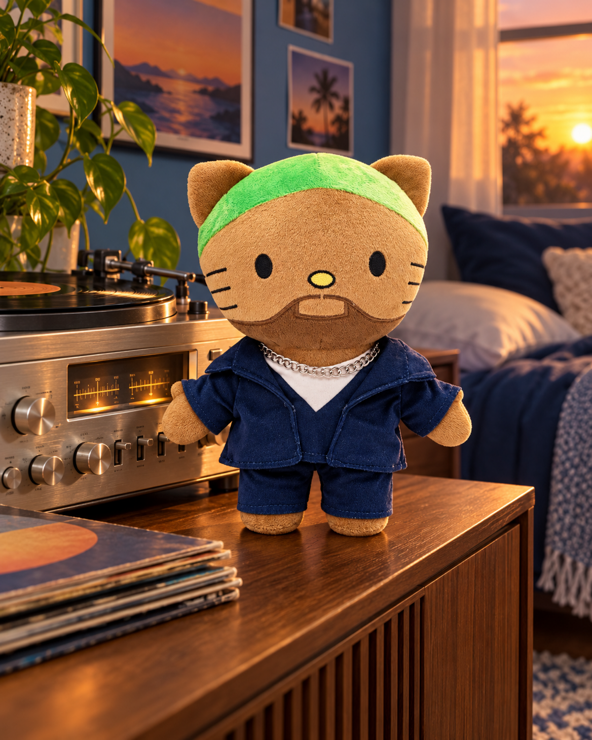 Frank Ocean Hello Kitty plush on a bedside cabinet beside a stereo in a blue-lit bedroom.
