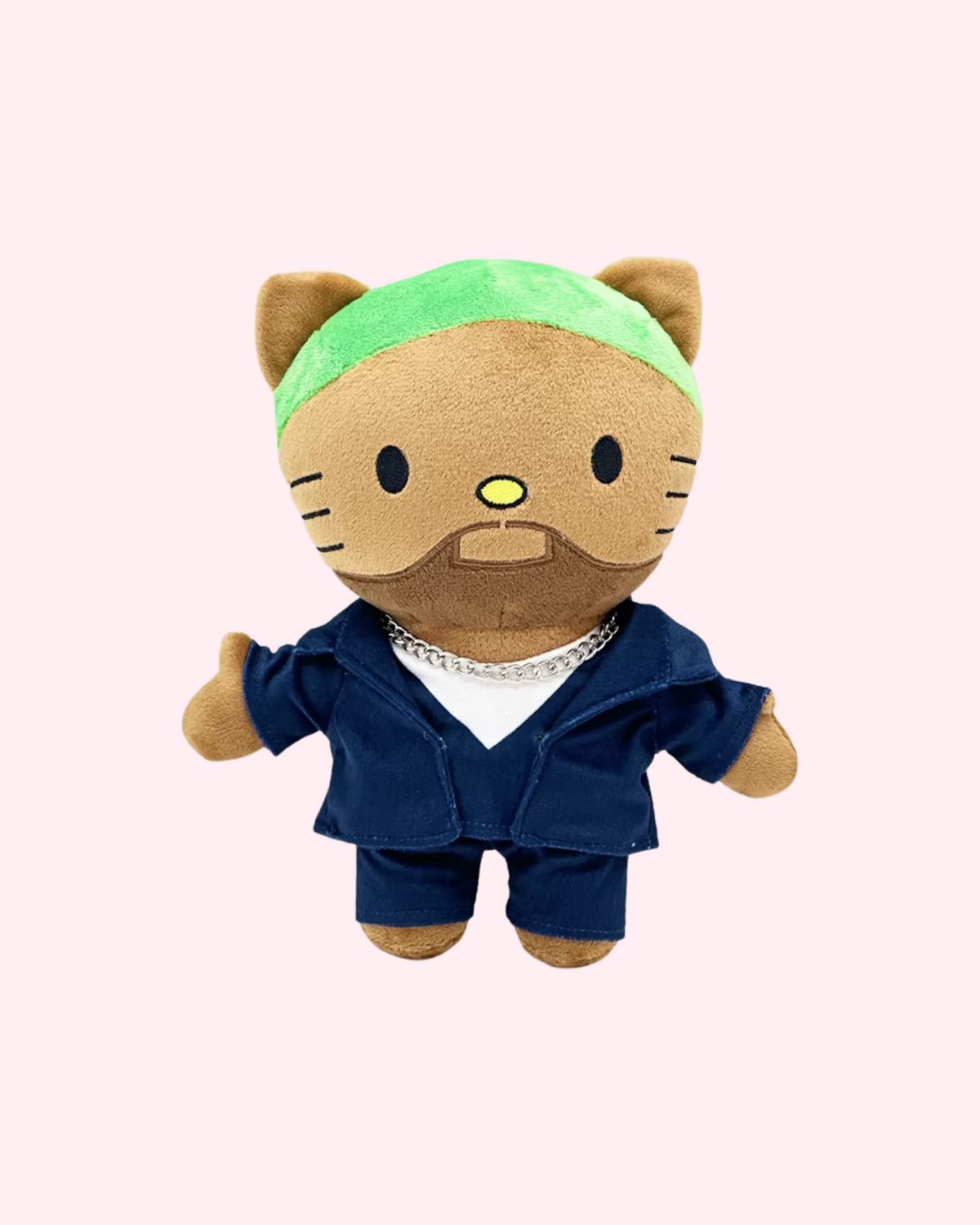 Front view of Frank Ocean Hello Kitty plush with bright green hair and a dark blue outfit, on a pale pink background.