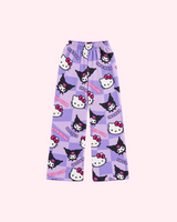 Back view of purple checkerboard pajama pants with Hello Kitty and Kuromi character faces