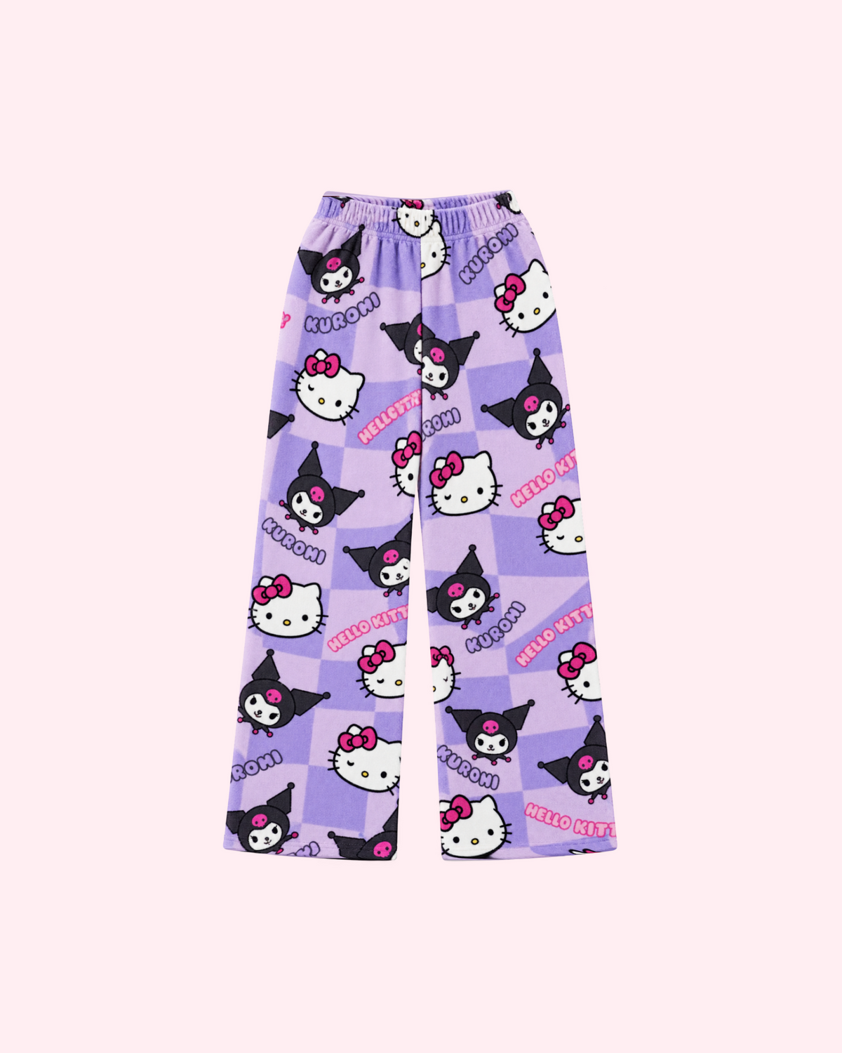 Front view of purple checkerboard pajama pants with Hello Kitty and Kuromi character faces