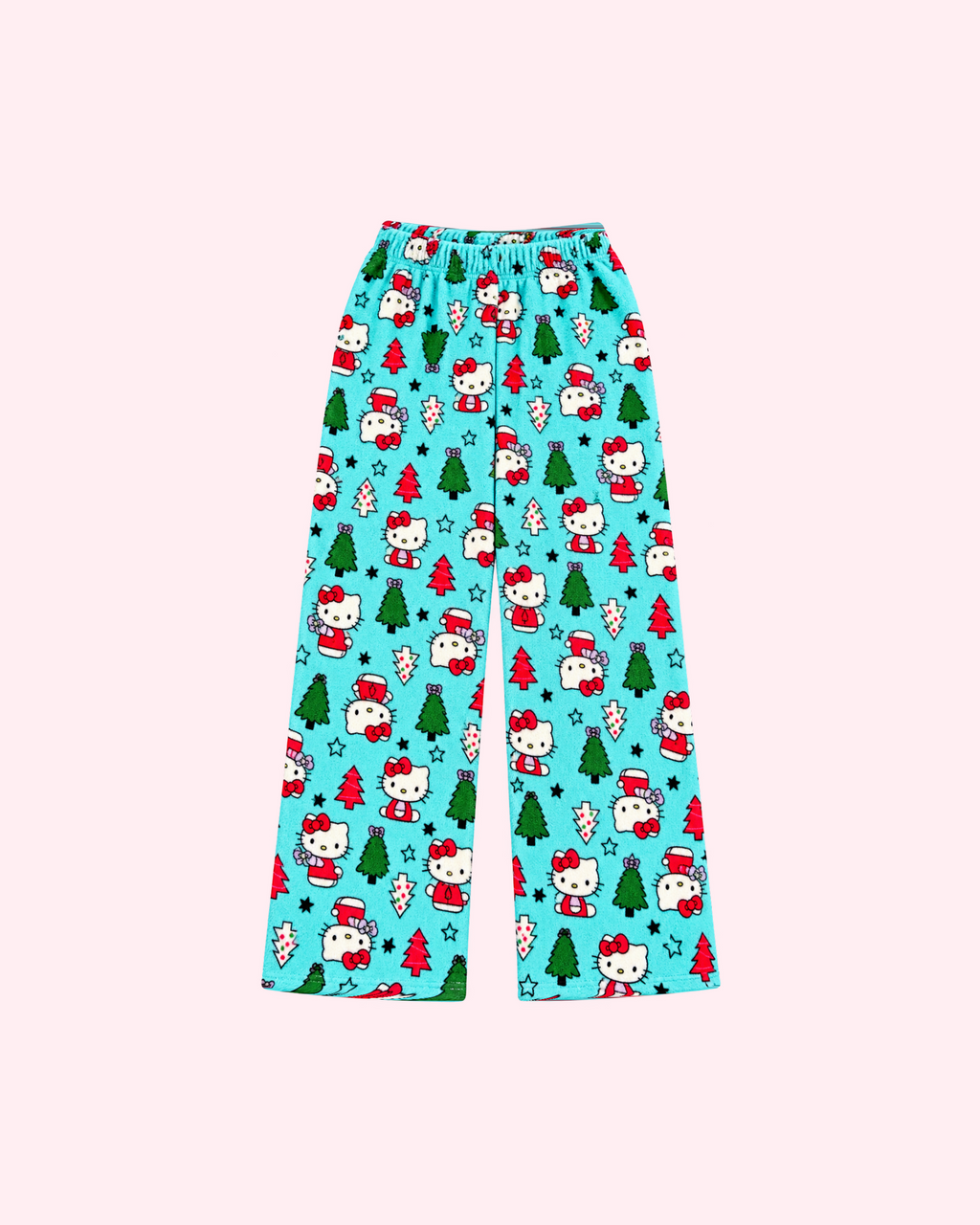 Mirrored back view of aqua blue Hello Kitty pajama pants with red and green Christmas trees and stars