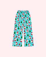 Mirrored back view of aqua blue Hello Kitty pajama pants with red and green Christmas trees and stars