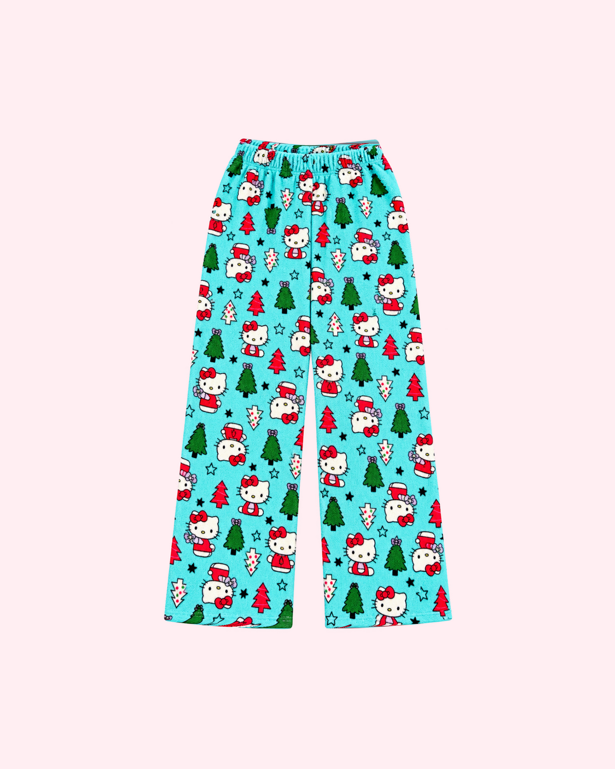 Mirrored back view of aqua blue Hello Kitty pajama pants with red and green Christmas trees and stars