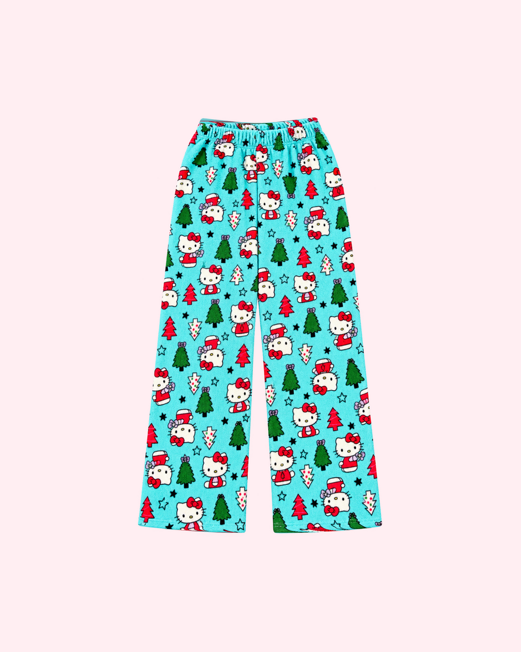 Front view of aqua blue Hello Kitty pajama pants with red and green Christmas trees and stars