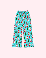 Front view of aqua blue Hello Kitty pajama pants with red and green Christmas trees and stars