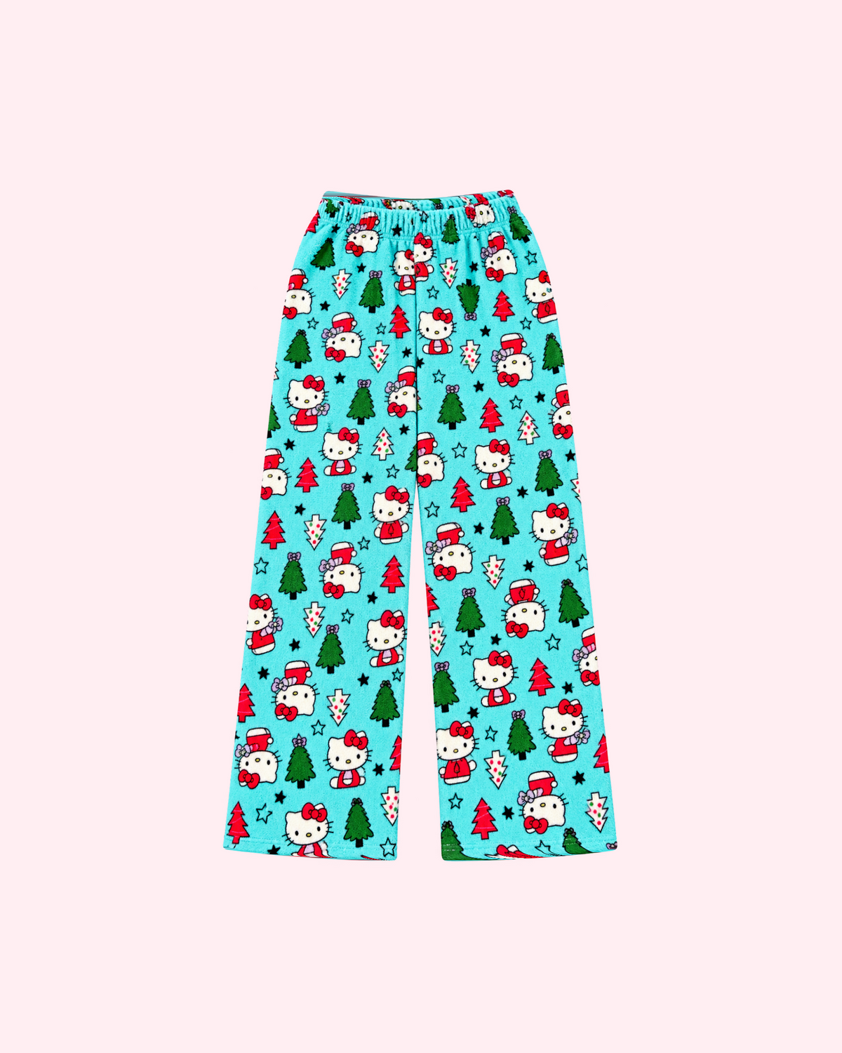 Front view of aqua blue Hello Kitty pajama pants with red and green Christmas trees and stars
