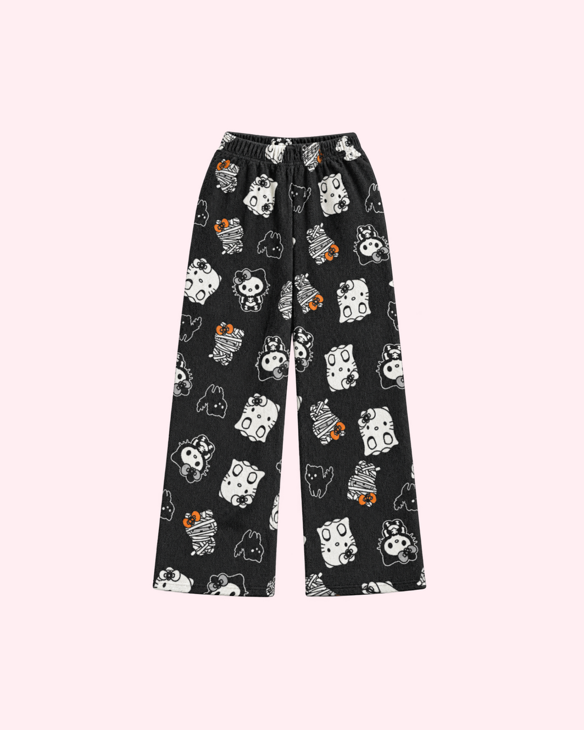 Back view of black Hello Kitty Halloween pajama pants with ghost, mummy and skeleton motifs