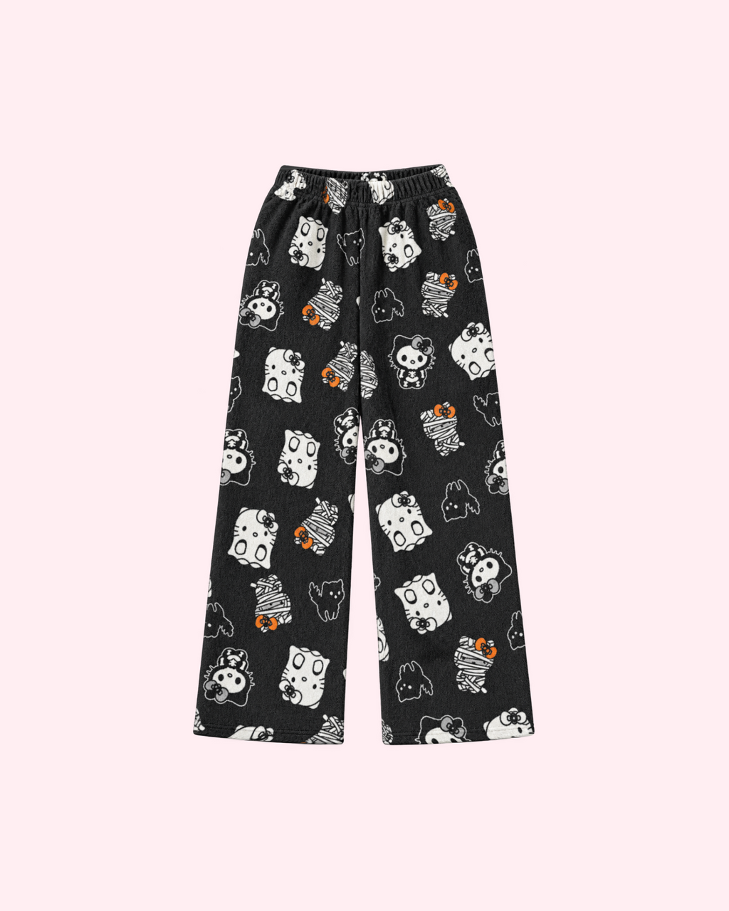 Front view of black Hello Kitty Halloween pajama pants with ghost, mummy and skeleton motifs