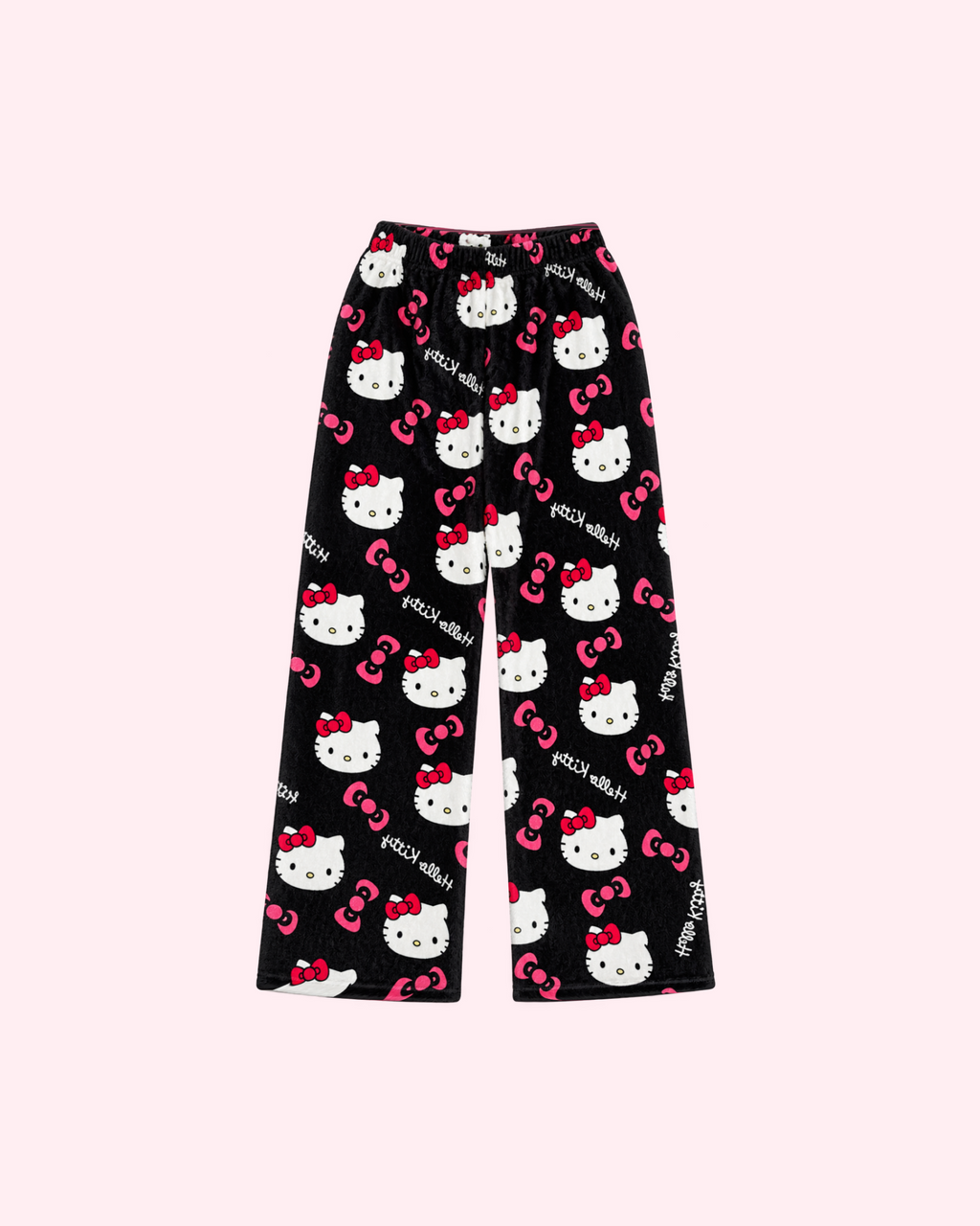 Back view of black Hello Kitty pajama pants with white character faces and pink bows