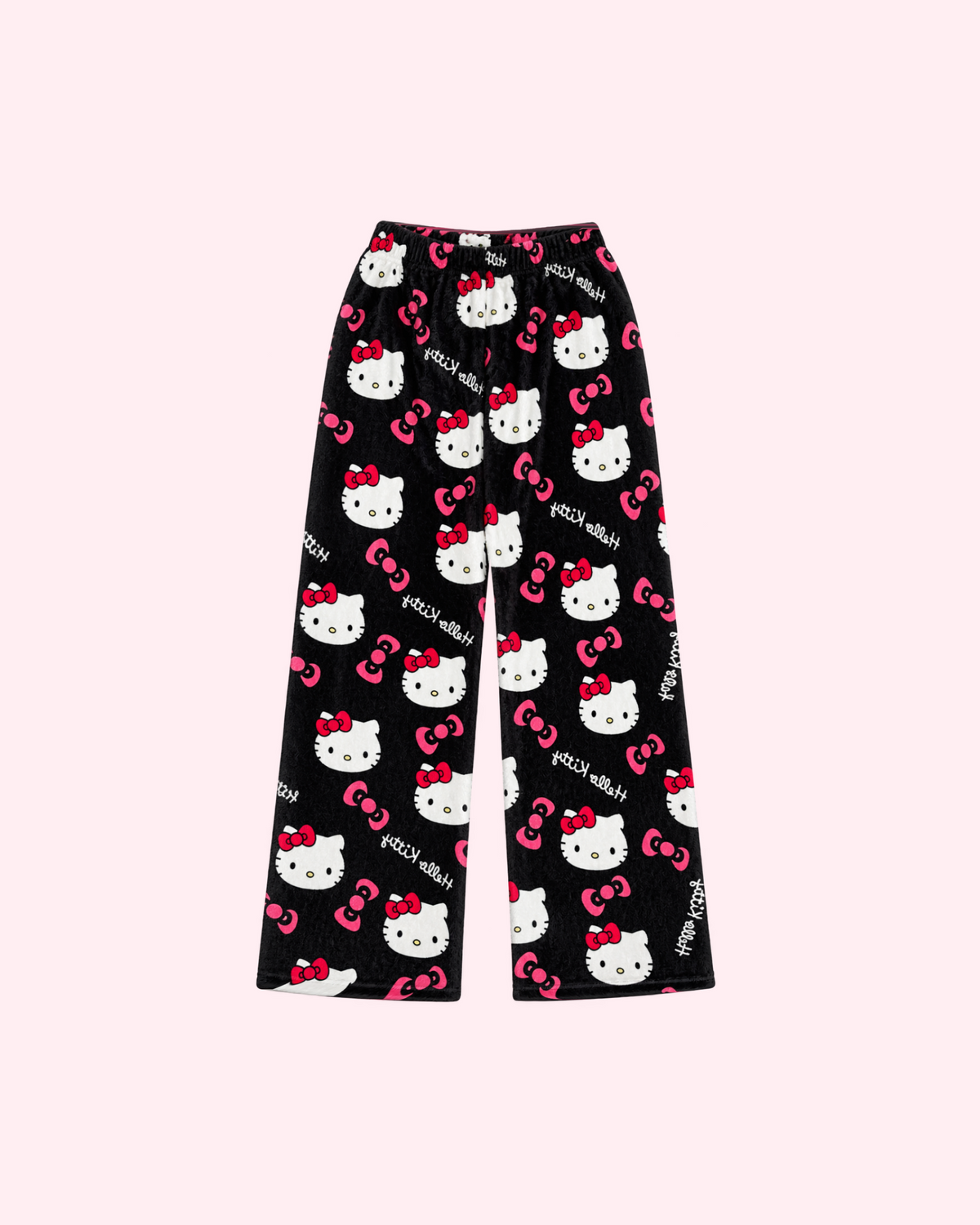 Back view of black Hello Kitty pajama pants with white character faces and pink bows