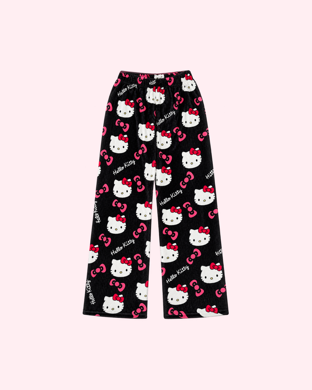 Front view of black Hello Kitty pajama pants with white character faces and pink bows