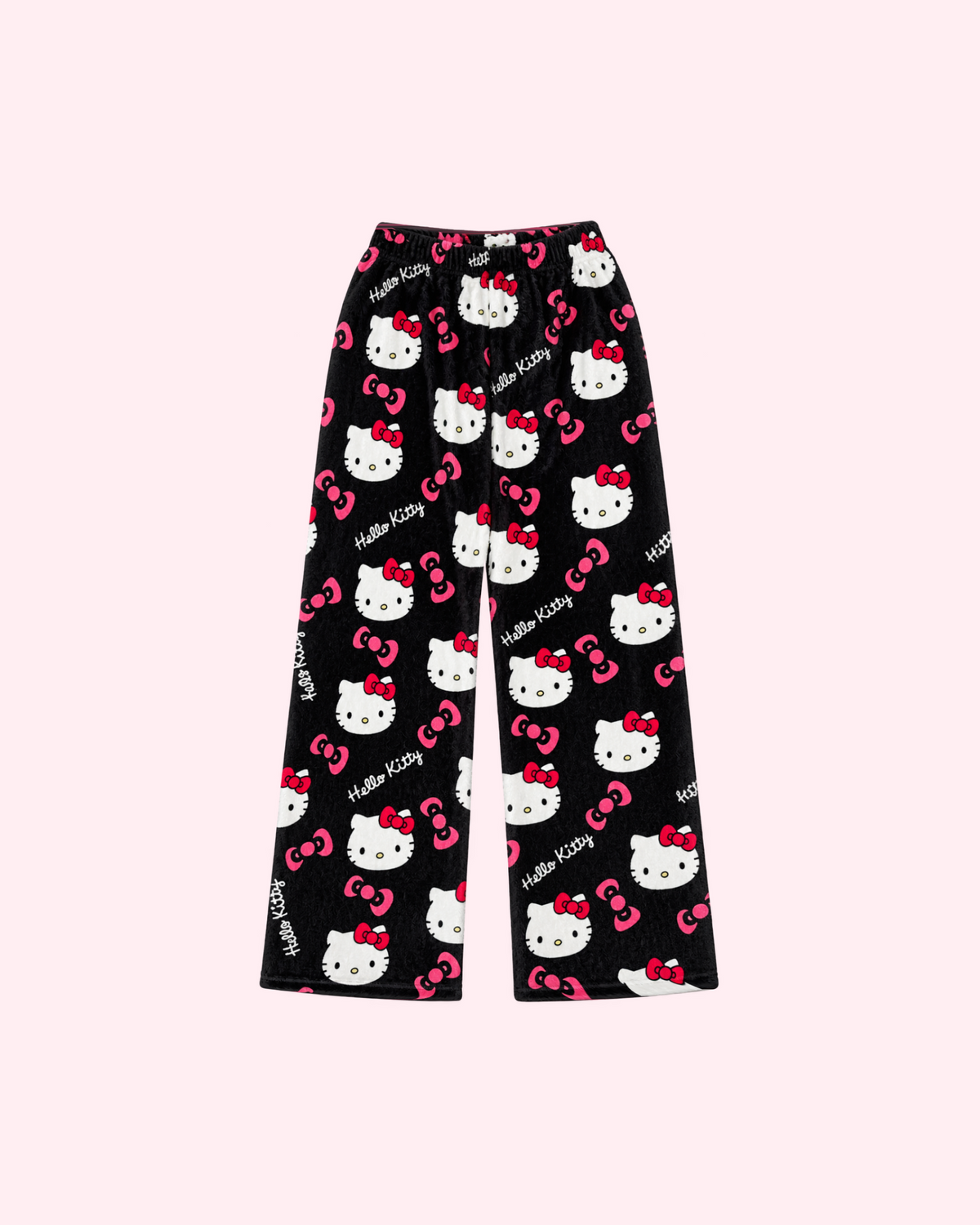 Front view of black Hello Kitty pajama pants with white character faces and pink bows