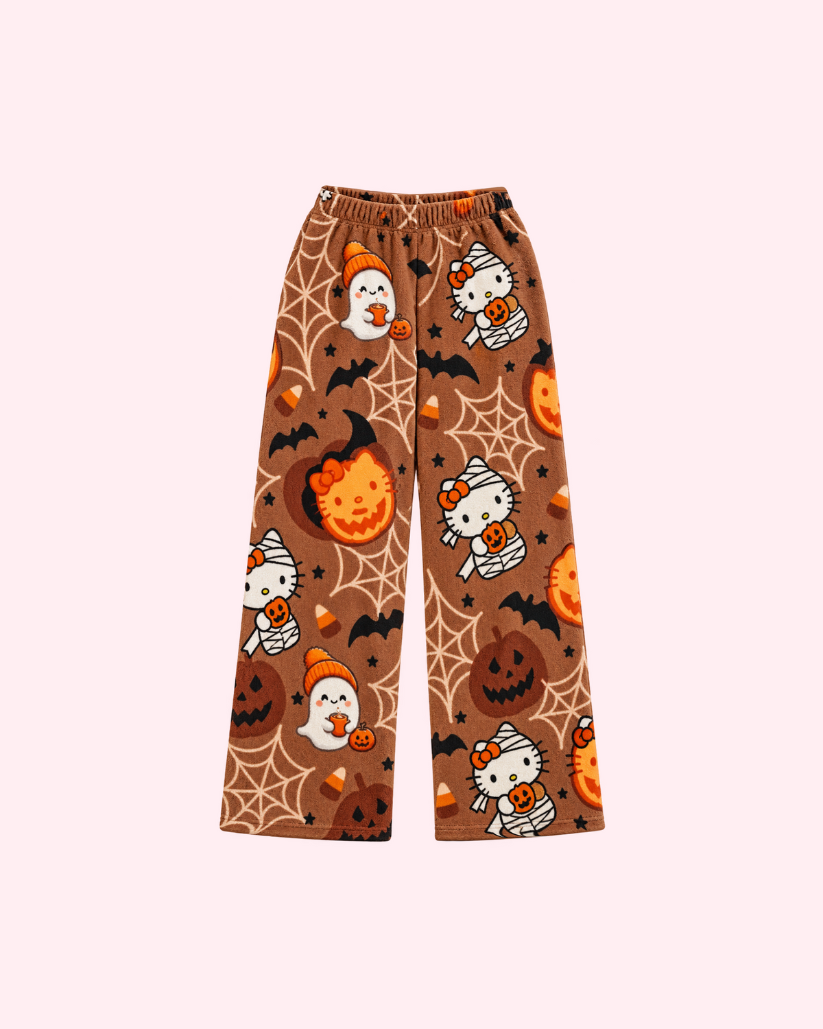 Mirrored back view of brown Hello Kitty pajama pants with pumpkins, ghosts, bats and spiderwebs