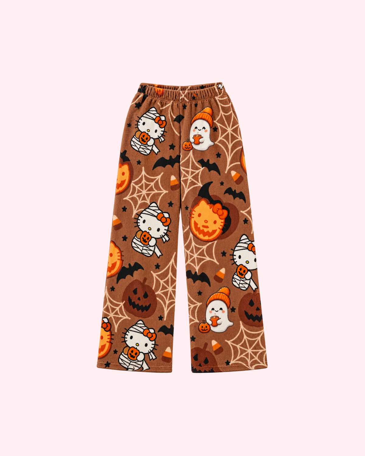 Front view of brown Hello Kitty pajama pants with pumpkins, ghosts, bats and spiderwebs