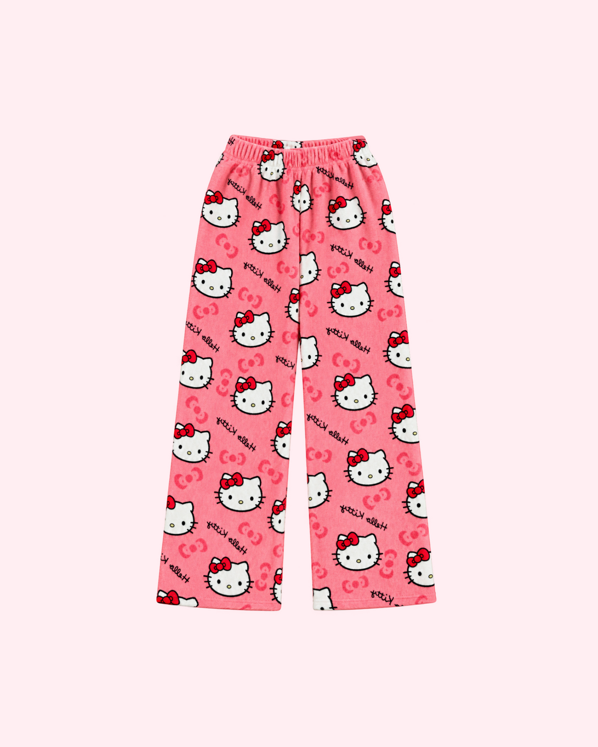 Back view of coral pink Hello Kitty pajama pants with white character faces and red bows