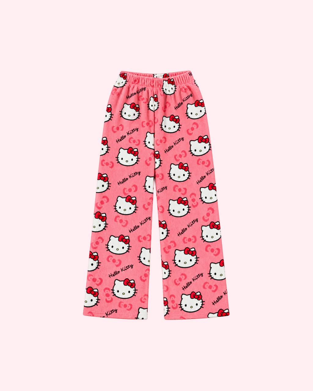 Front view of coral pink Hello Kitty pajama pants with white character faces and red bows