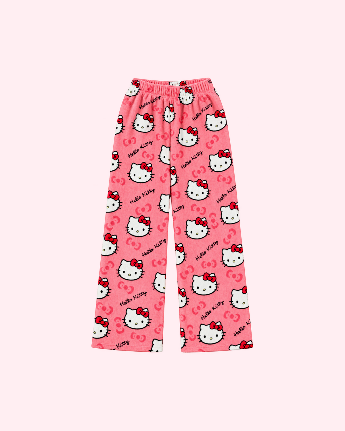 Front view of coral pink Hello Kitty pajama pants with white character faces and red bows