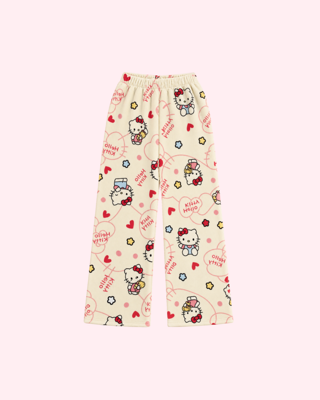 Back view of cream Hello Kitty pajama pants with red hearts, flowers and small bear motifs