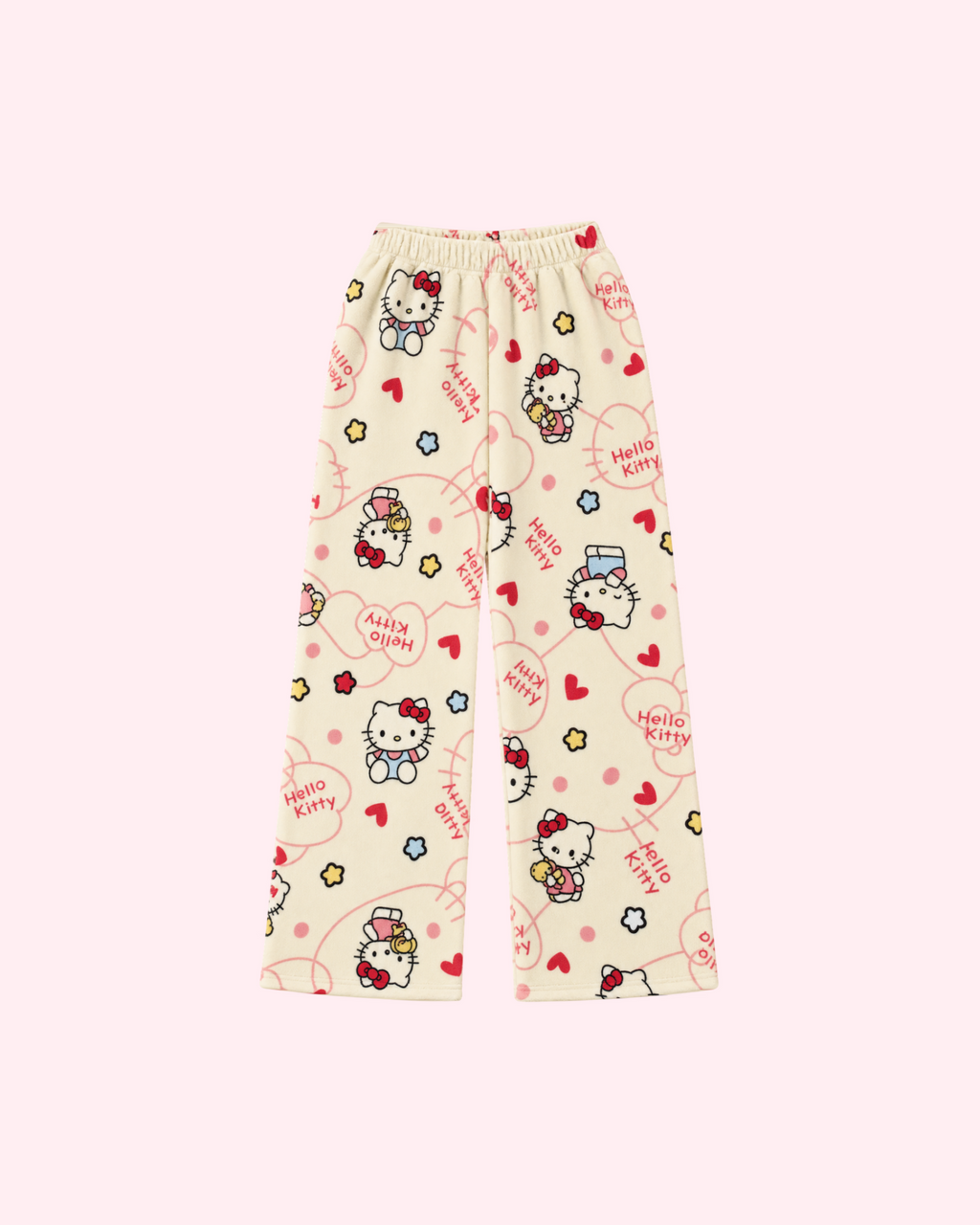 Front view of cream Hello Kitty pajama pants with red hearts, flowers and small bear motifs